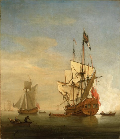 An English Sixth-Rate Ship Firing a Salute As a Barge Leaves; A Royal Yacht Nearby