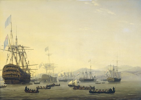 Council of war aboard the 'Queen Charlotte' held by Lord of Exmouth before the bombing of Algiers, August 26, 1816