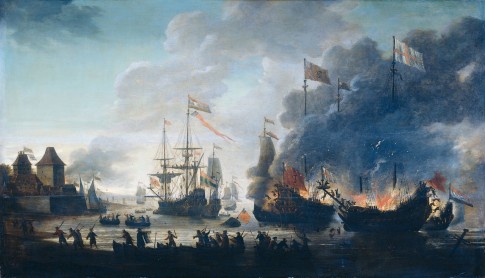 The Dutch burn English ships during the expedition to Chatham (Raid on Medway, 1667)(Jan van Leyden, 1669)