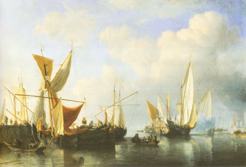 Boats in a Harbour and a Yacht Sailing Away by Willem van de Velde the Younger