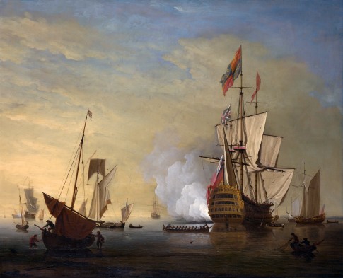 An English Ship with Sails Loosened Firing a Gun by Peter Monamy